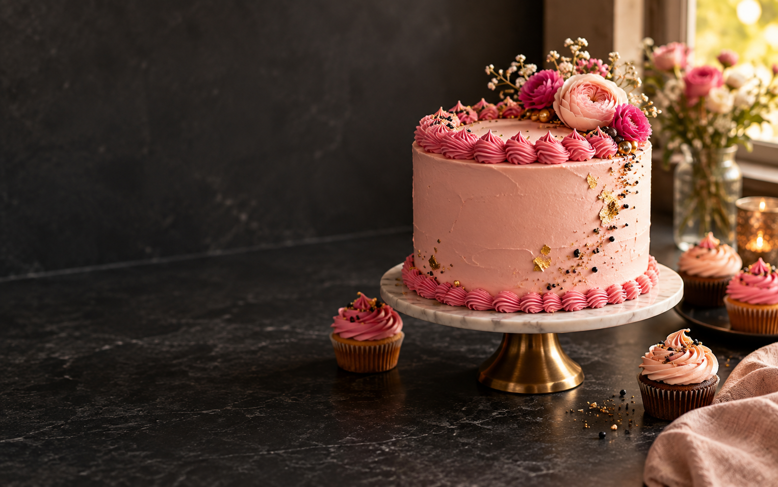 Pink celebration cake with matching cupcakes on a dark bakery counter